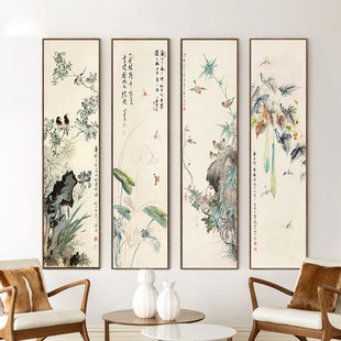 网红新中式客厅装饰画四联花鸟饭厅挂画酒店玄关走廊壁画长条竖版