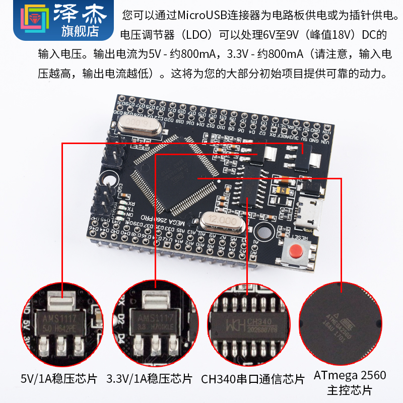 Mega2560 Pro兼容Arduino ATmega2560-16AU PUSB CH340学习开发板