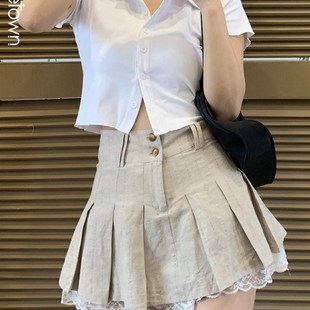 Sweetown Korean Fashion Khaki Short Skirt Lace Trim Cute Ple