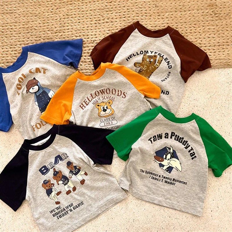 100纯棉儿童短袖2022夏装新款男女童装撞色卡通宝宝印花t恤衫潮