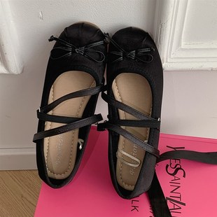 新品芭蕾风绑带单鞋子女2023年春夏季新款蝴蝶结平底玛丽珍鞋