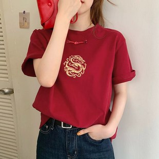 小众新中式短袖t恤女设计感红色纯棉上衣2024R夏季新款爆款体恤潮