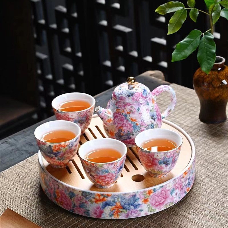万物生花旅行茶具茶杯珐琅茶器茶叶罐女性户外旅游陶瓷茶具套装
