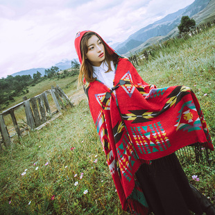 连帽斗篷式女秋冬外搭带帽子披肩外套尼泊尔围巾西藏旅游青海披风