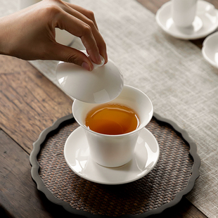 羊脂玉盖碗茶杯德化白瓷茶碗带盖子单个三才大号功夫家用茶具套组