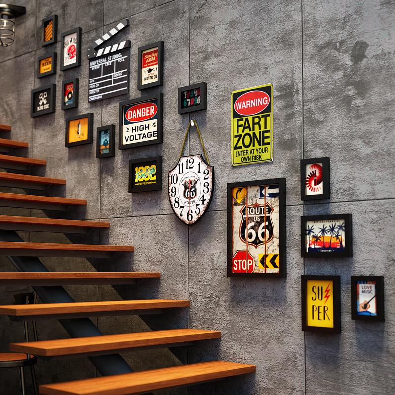 楼梯工业风咖啡餐厅挂画复古酒吧墙面装饰画创意烧烤火锅饭店壁画