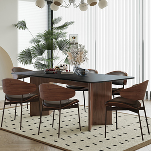 复古风黑胡桃色实木餐桌椅组合侘寂风长方形小R户型岩板黑色餐桌