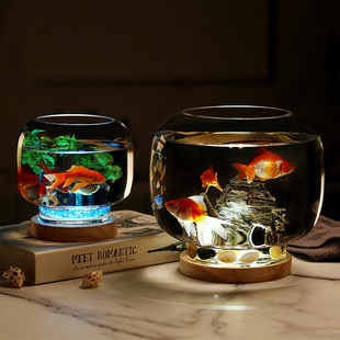 创意圆形玻璃小号热带小鱼缸生态B观赏鱼缸桌面灯光底座假山缸摆
