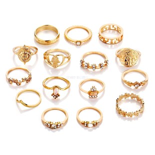 速发15pcs sets rings women 人像金币十字架花纹镶钻爱心戒指15