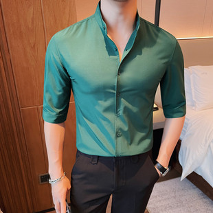 新款纯色立领衬衫男短袖夏季v薄款商务休闲高级感中式免烫半袖衬
