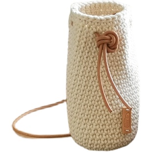 新品原创纯手工编织棉线保温杯套头层牛皮绳斜挎水杯套通用水壶袋