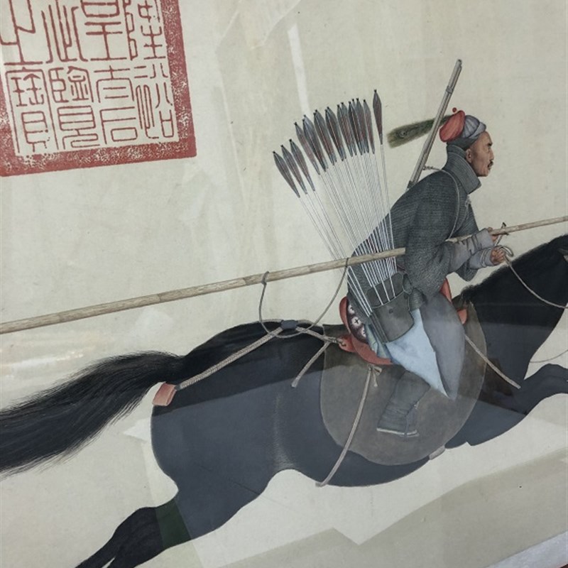 国画复制 郎世宁 阿玉锡持矛荡寇图绢布微喷战斗杀敌人物横幅挂画