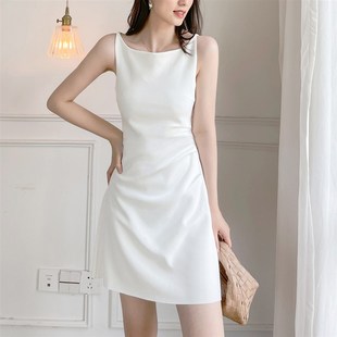 赫本风白色连衣裙女短款夏季气质高端吊带一字肩法式初恋系小白裙