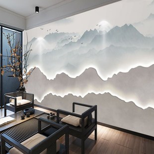 新中式墙纸3d立体山水壁画酒店茶室美容院装饰背景墙采耳馆壁纸