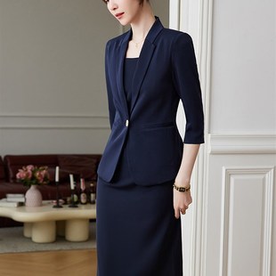 短袖职业连衣裙女神范2023夏季高端内搭西装套装法式深蓝色工作服
