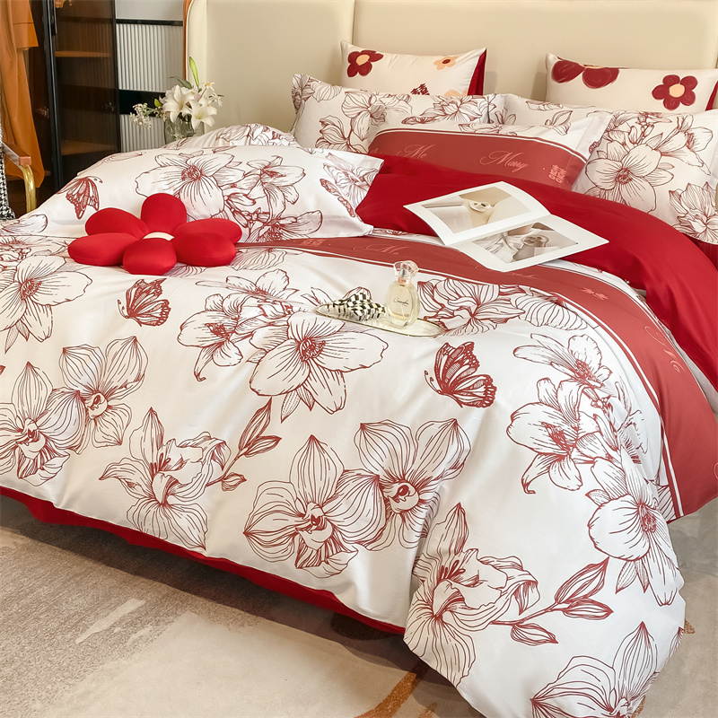 婚庆水洗棉四件套中式简约大红色床单高档刺绣气被套结婚床上用品