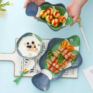 现货速发日式餐具套装手绘创意蒸鱼盘盘子陶瓷儿童饭碗勺用碗碟礼
