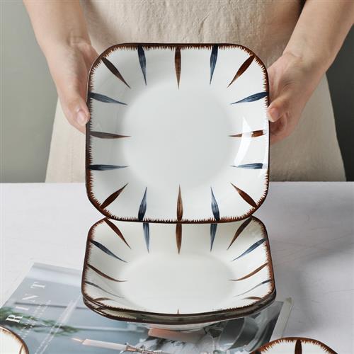 日式简约陶瓷方盘自由组合套装家用釉下彩手绘花纹加深汤盘菜盘子