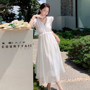 2024夏季新款法式桔梗小众仙女白色连衣裙收腰显瘦气质温柔风长裙