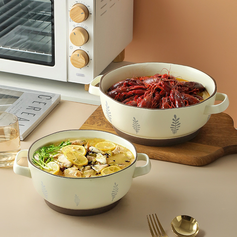 含羞草日式陶瓷双耳碗家用碗餐具汤面碗水果沙拉碗酸菜鱼小龙虾盆