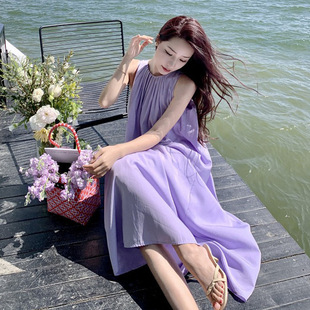 高级感长裙子紫色吊带裙沙滩裙海边度假连衣裙女夏季三亚旅行穿搭