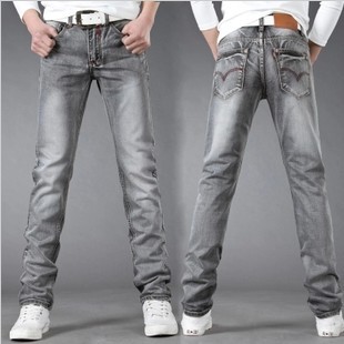 春夏款韩版修身直筒牛仔裤浅蓝烟灰色磨白牛仔