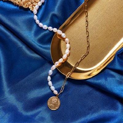 ms biubiu珍珠ins潮个性高级感拼接粗链条项链硬金币女王头像嘻哈