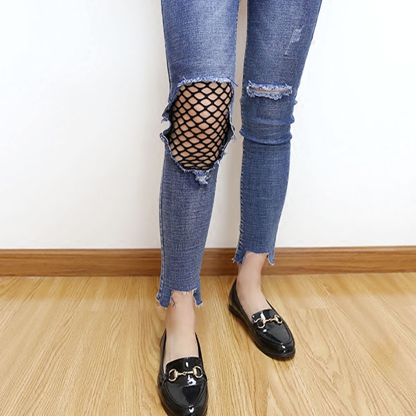 破洞渔网牛仔裤女