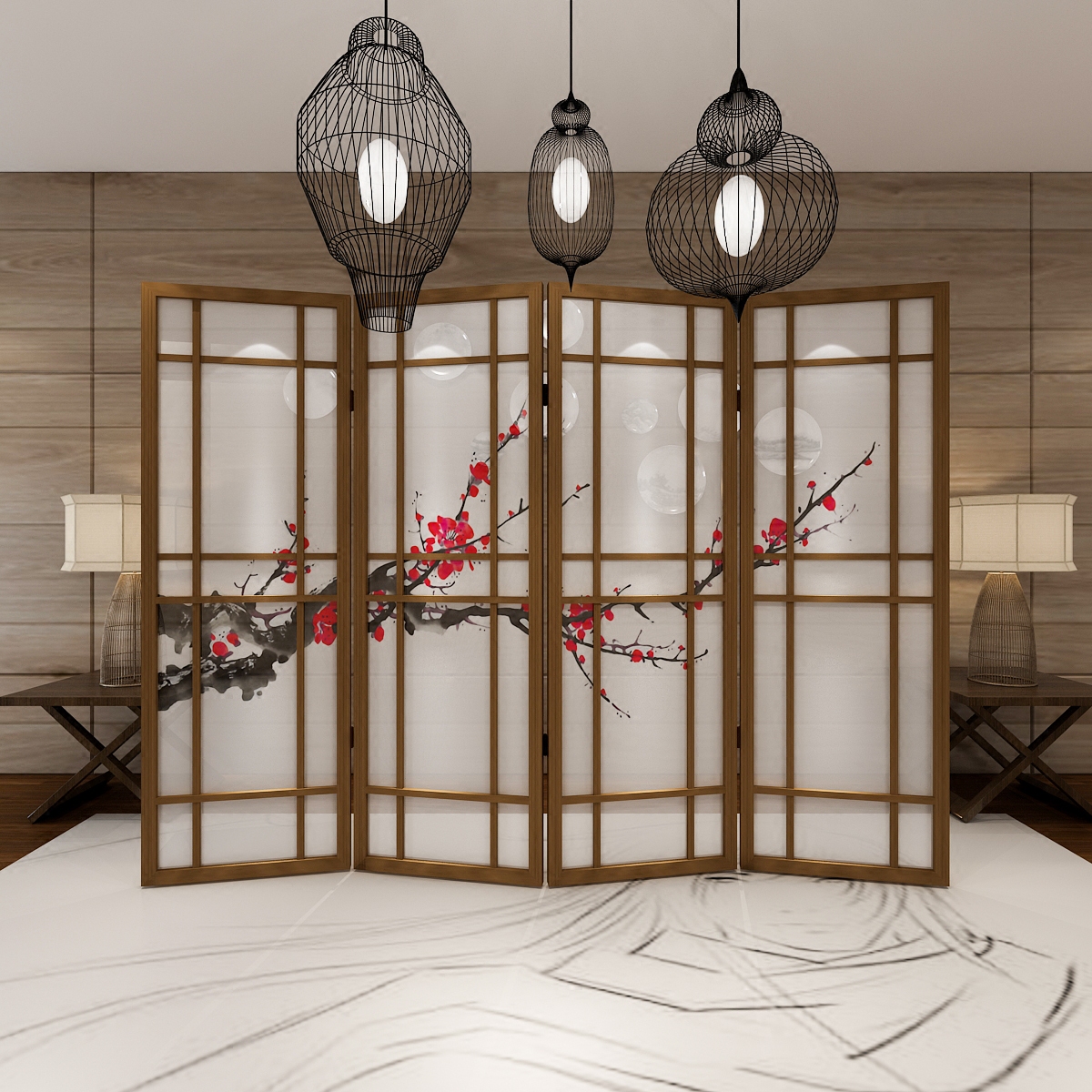 中式日式折叠屏风实木玄关客厅隔断折屏酒店餐厅半透移动屏风梅花
