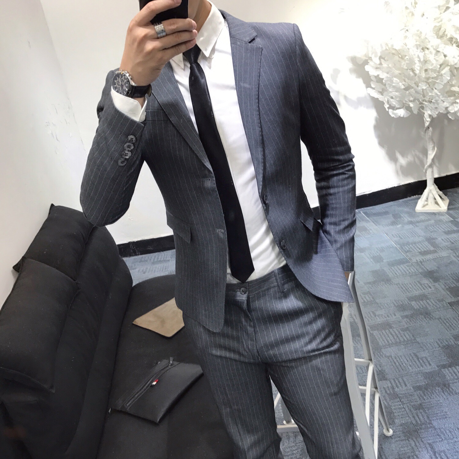 韩国新款时尚英伦帅气西服套装男韩版修身青年条纹西装两件套 潮