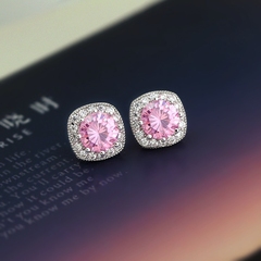 韩国925纯银针粉色锆石水晶耳钉 日韩甜美气质耳环饰品生日礼物女