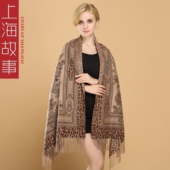 上海故事2016秋冬女士100%纯山羊绒披肩双面印花豹纹围巾两用加厚