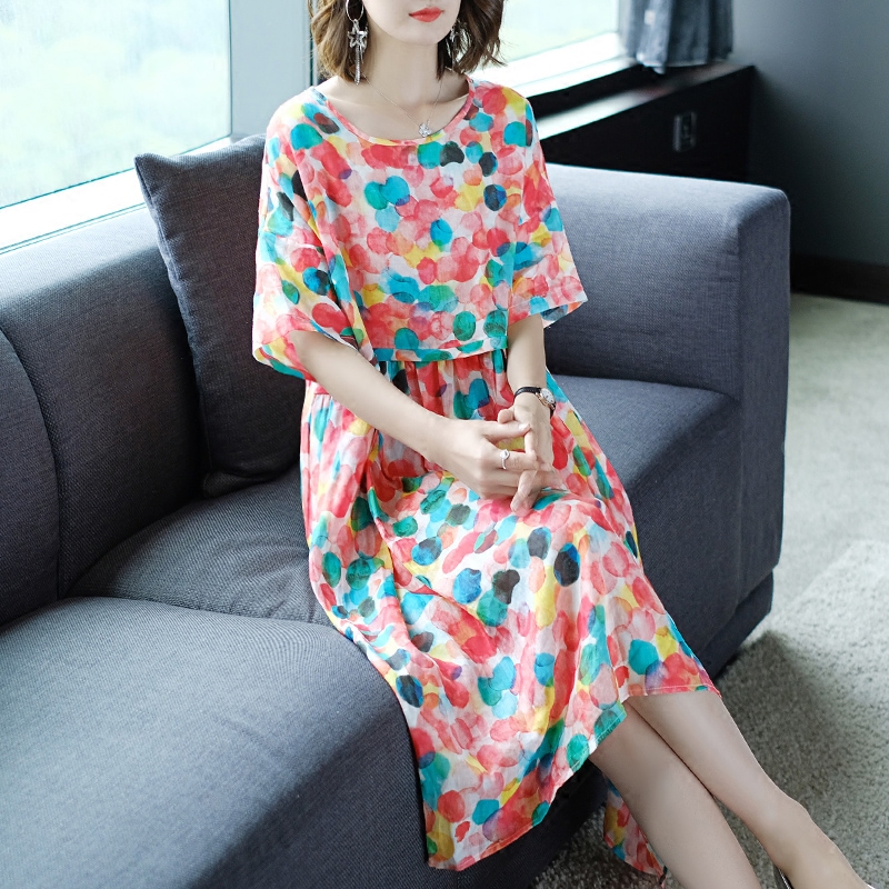 波点连衣裙女夏2018新款欧美女装气质宽松高腰丝麻印花中长款裙子