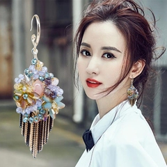 韩国韩式水晶流苏大耳环气质纯银耳挂式长耳坠夸张手作饰品性感女