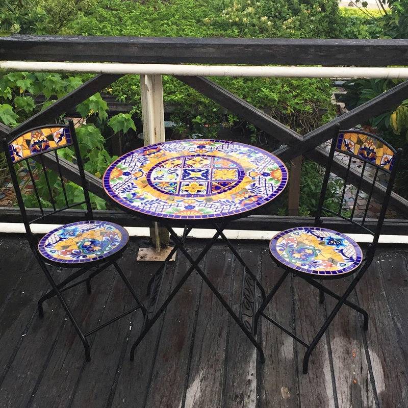 地中海花园庭院阳台咖啡厅桌椅 高档户外马赛克铁艺折叠桌椅套件