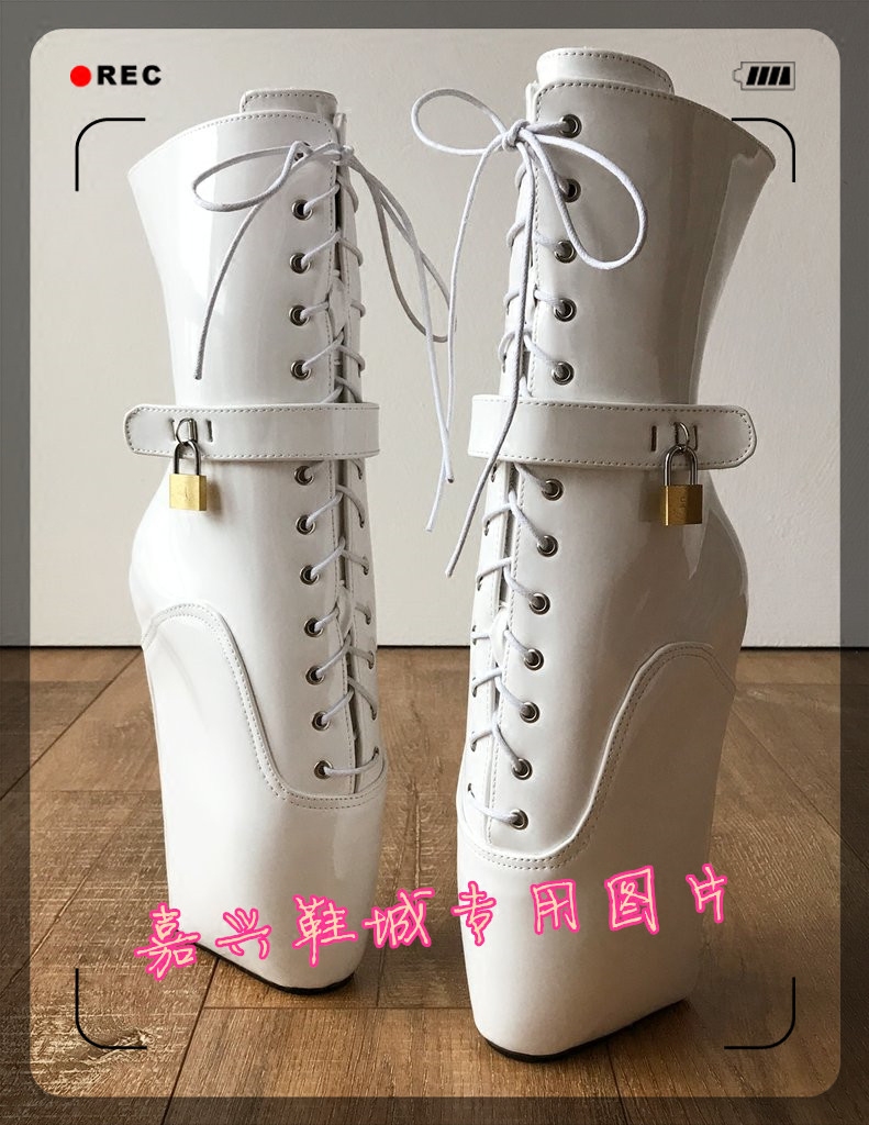 性感白色漆皮脚腕带锁模特儿美女芭蕾短靴女 bldb903