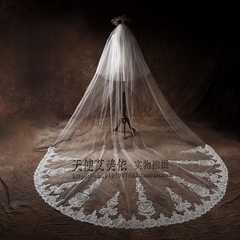 新娘结婚头纱超长双层遮面拖尾头纱婚纱新款韩式蕾丝花边简约硬纱