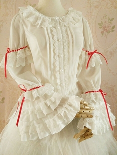 原创设计LOLITA洋装新款姬袖复古公主风长袖衬衫修身蕾丝雪纺衫