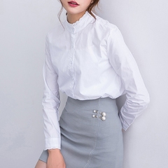 卡诺妍2016新款韩版白衬衣花边立领白衬衫女长袖修身上衣打底衫