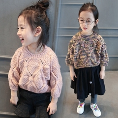 2016冬季女童装新 韩版中小女童短款七分袖绞花套头毛衣时尚百搭