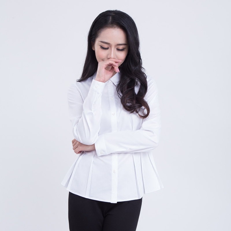 文禾女韩版长袖白色衬衫简约修身显瘦方领涤纶时尚衬衣职业装上衣