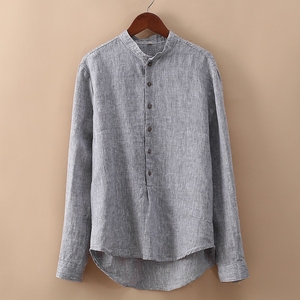 中国风薄款麻料套头上衣服夏男士亚麻布长袖宽松立领衬衫棉麻衬衣