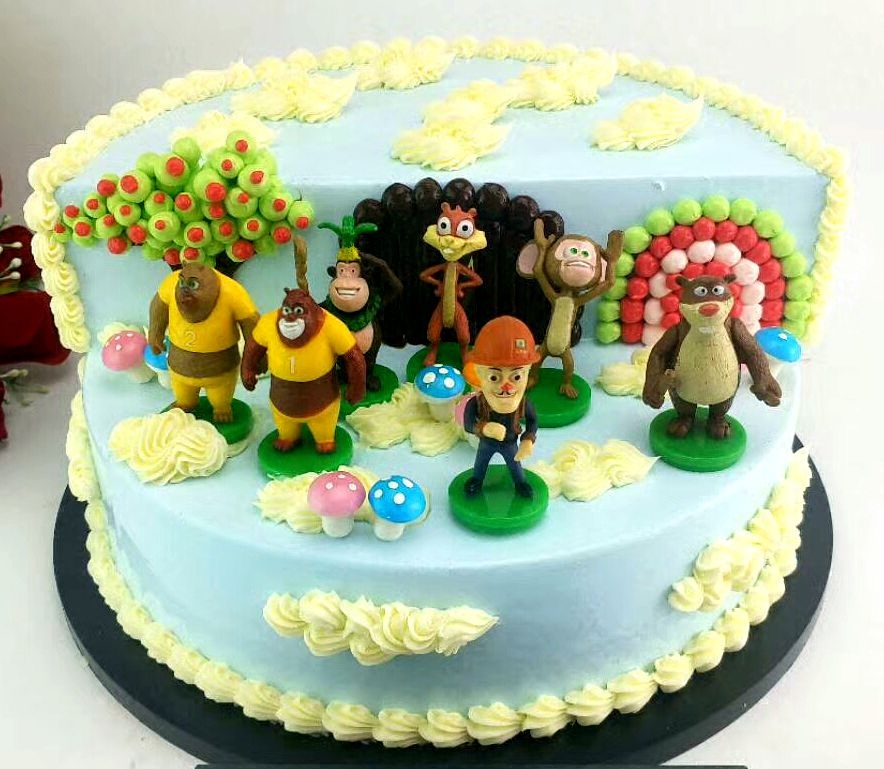 新款创意公仔熊大熊二光头强儿童卡通仿真生日蛋糕仿真水果