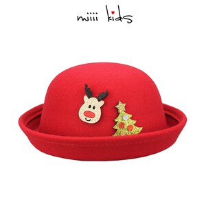 新年圣诞礼帽春秋季儿童小沿毡帽红色圆顶翻边大童女宝宝渔夫帽子