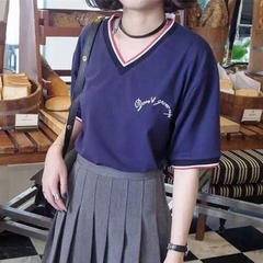 韩国春装学院风V领短袖体恤原宿bf学生刺绣宽松条纹半袖纯棉T恤女