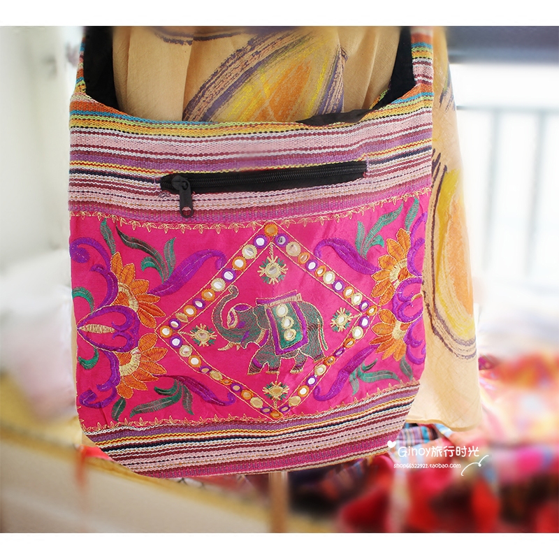 印度尼泊尔纯手工刺绣民族风彩色棉麻大象包拉链休闲单肩斜挎女包