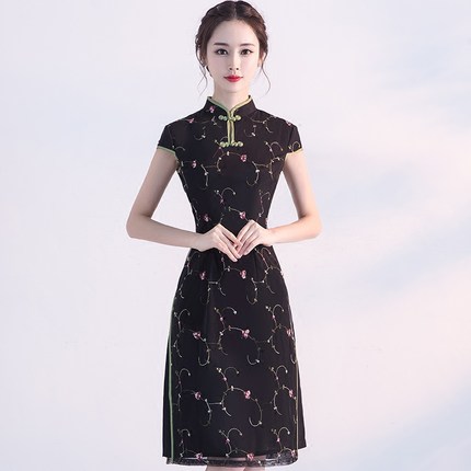 旗袍春款2017新款时尚日常少女韩版a字裙奥黛改良版短款显瘦夏季