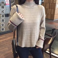 2016秋冬韩国新款加厚套头兔绒羊毛衫学生长袖坑条高领毛衣针织衫