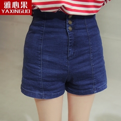 雅心果2016夏季新款韩版高腰牛仔短裤女外穿深蓝色提臀显瘦牛仔裤