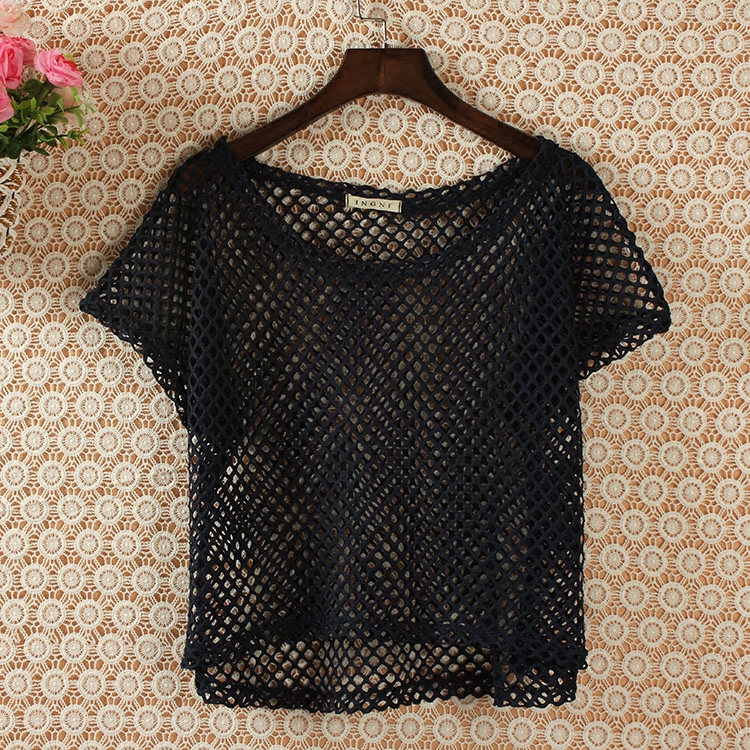 网衫镂空罩衫套头_包邮2019春夏女装网衫短袖t恤套头钩花宽松大码蕾丝